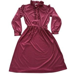 VTG 70s Sears Polyester Red Patterned Ruffle Dress size 8p USA UNION MADE